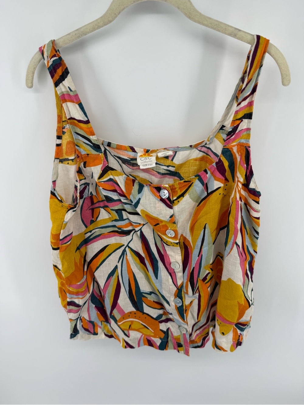 C&C California Tropical Button-Front Linen‎ Tank Top in Yellow, Pink & Green